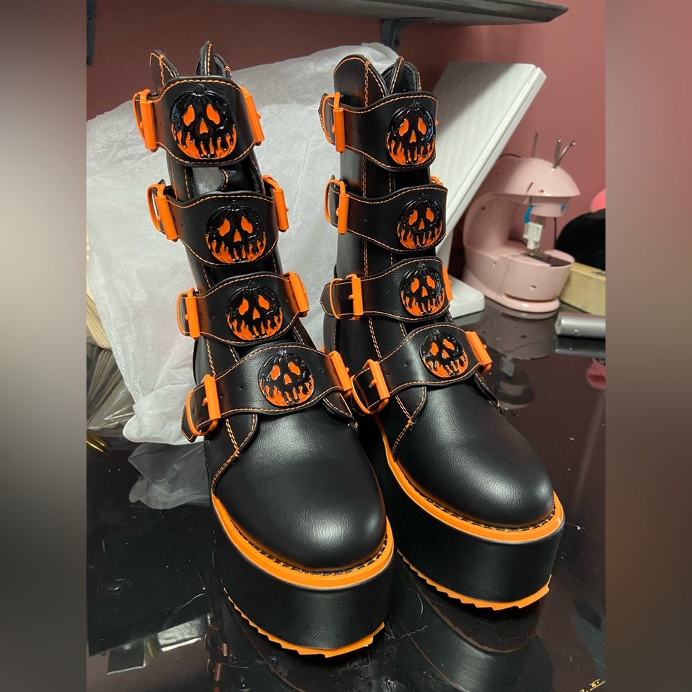 Black and Orange Platform Buckle Boots